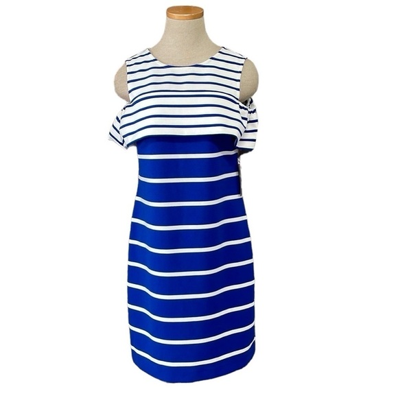 Vince Camuto Dress Women's 6 Blue White Striped Cold Shoulder Midi NWT - Picture 1 of 16